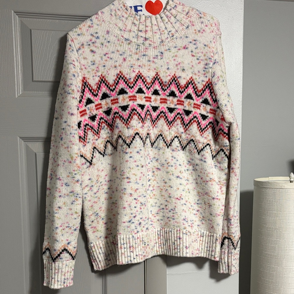 LOFT Cream Speckled Fair Isle Turtleneck Sweater with Pink and Black Accents